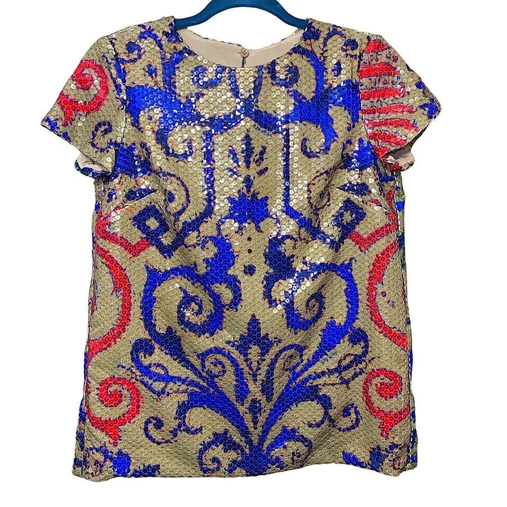 Sequin Shirt Blouse Tan Red Blue Baroque Sz 40 Short Sleeve Crew Party Event Top